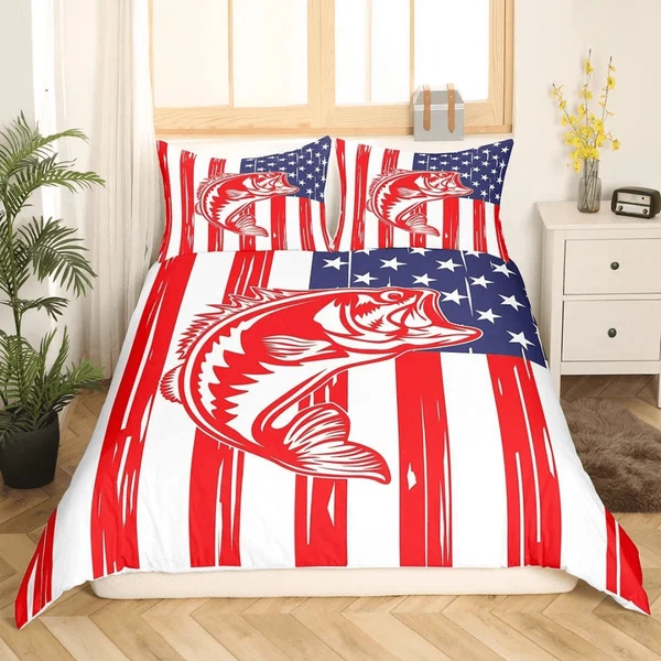 Functional Pike Fish Bedding Set – Striped Bass Fishing Themed Duvet Cover for Kids amp Teens Bedroom Decor Superior