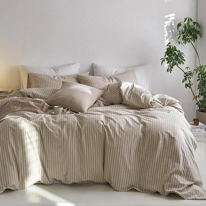 Crafted MooMee Striped Duvet Cover Set Washed Cotton Linen Like Textured Breathable Durable Soft Comfy Tannish Linen Grey White Wide Stripes Oversized King Plus 128 quot x120 quot Solid