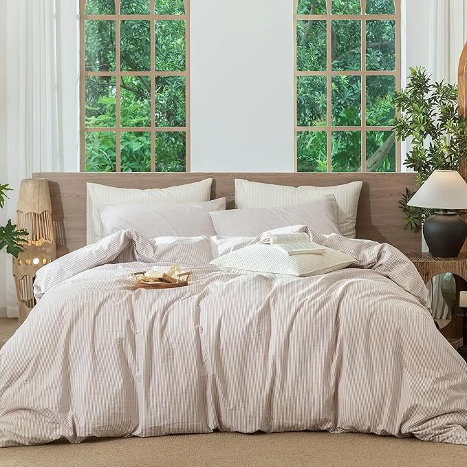 Fine MooMee Striped Duvet Cover Set Washed Cotton Linen Like Textured Breathable Durable Soft Comfy Orange Pinstripes Super King 108 quot x98 quot Quality