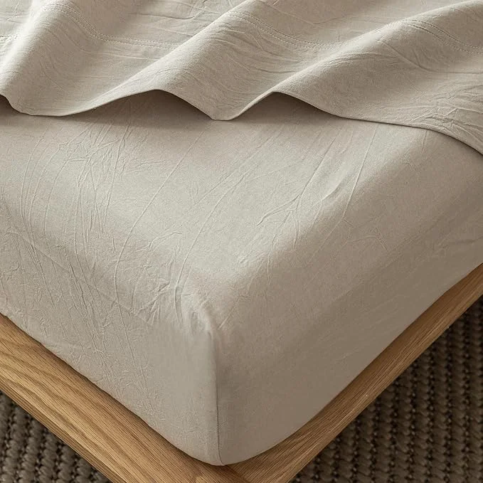 Exceptional MooMee Fitted Bottom Sheet Only Washed Cotton Linen Like Textured Breathable Durable Soft Comfy Deep Pocket Fits Mattress up to 17 quot Tannish Linen Grey California King Versatile