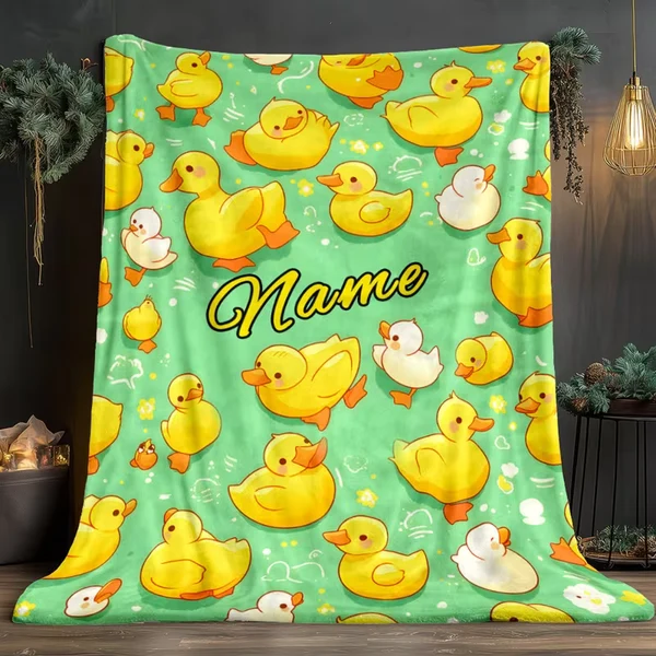 Contemporary Personalized Yellow Duck Blanket – Custom Name Flannel Throw Blanket for Kids Elite
