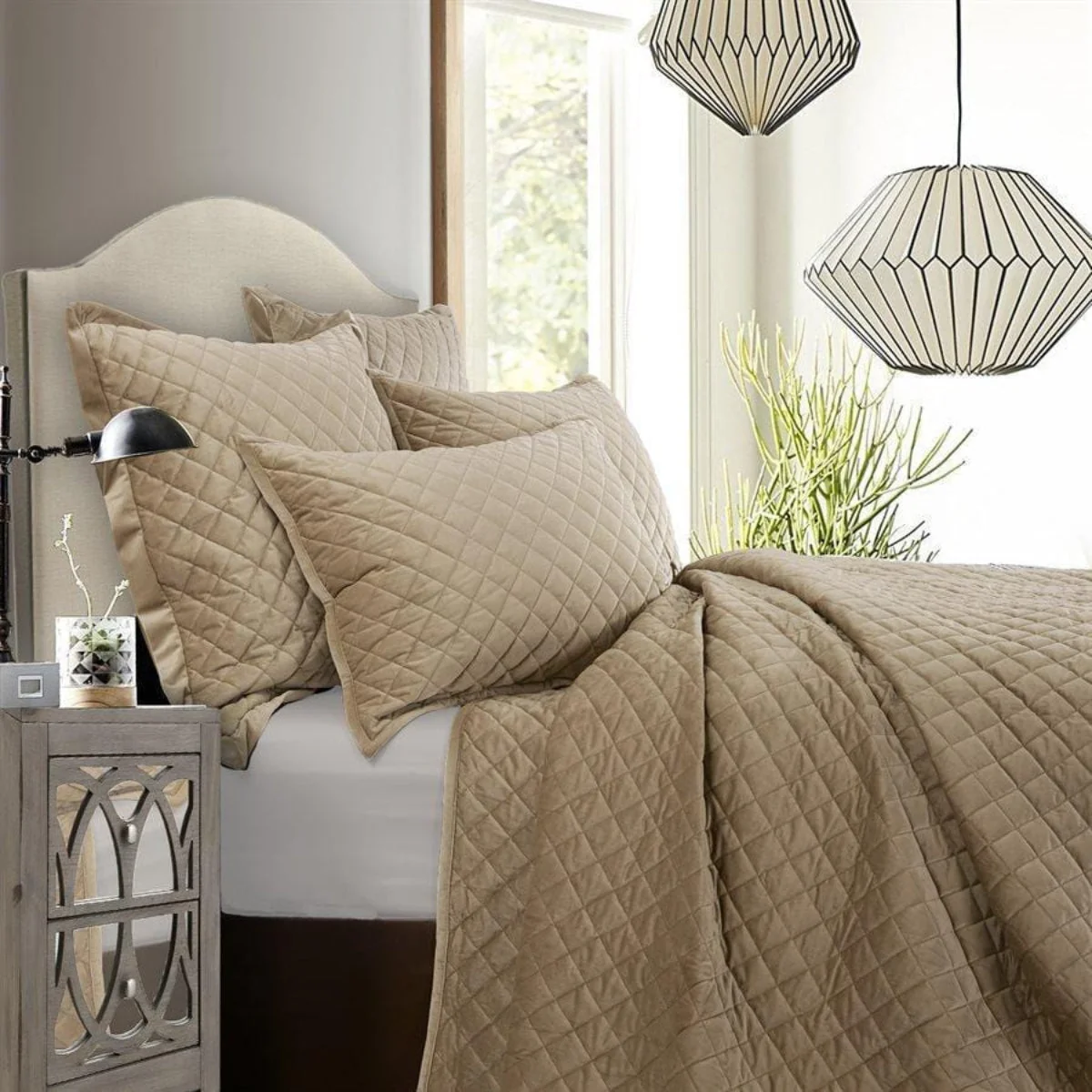Elegant Velvet Diamond Quilt Set Green