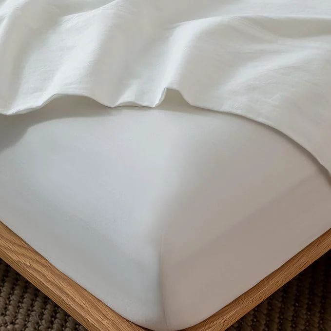Certified MooMee Fitted Bottom Sheet Only Washed Cotton Linen Like Textured Breathable Durable Soft Comfy Deep Pocket Fits Mattress up to 17 quot Off White King Authentic