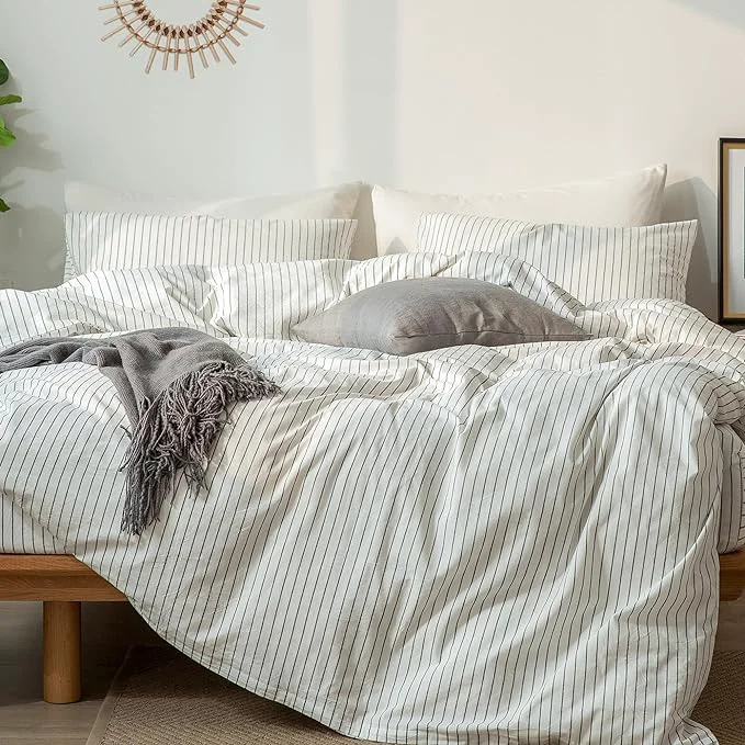 Selected MooMee Striped Duvet Cover Set Washed Cotton Linen Like Textured Breathable Durable Soft Comfy White Dark Grey Wide Stripes Alaska King 132 quot x120 quot Fine Crafted