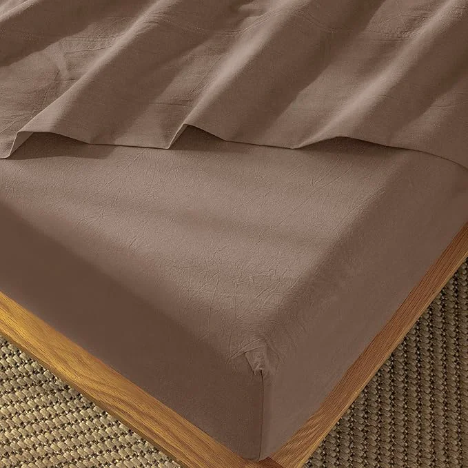Classic MooMee Fitted Bottom Sheet Only Washed Cotton Linen Like Textured Breathable Durable Soft Comfy Deep Pocket Fits Mattress up to 17 quot Brown Twin First-Class
