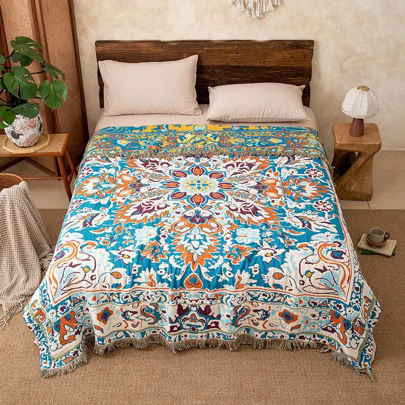 Practical Ownkoti Retro Blue Pure Cotton Quilt Blanket User-Friendly