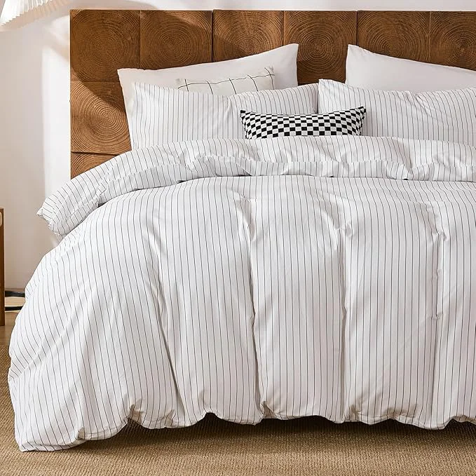 Specialty Merryword Cotton Duvet Cover Set Queen Size Black Pinstripe Duvet Cover Set with Zipper Closure amp 8 Corner Ties Soft Lightweight Comforter Cover Luxury Linen Like Bedding for All Seasons High-End
