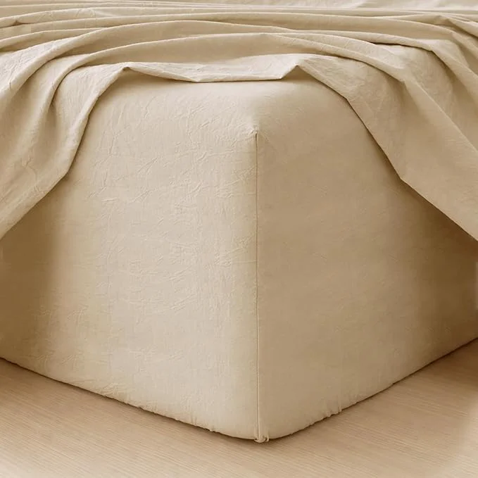 Crafted MooMee Fitted Bottom Sheet Only Washed Cotton Linen Like Textured Breathable Durable Soft Comfy Deep Pocket Fits Mattress up to 17 quot Almond Milk Grey King Responsible