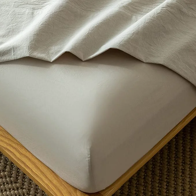 Selected MooMee Fitted Bottom Sheet Only Washed Cotton Linen Like Textured Breathable Durable Soft Comfy Deep Pocket Fits Mattress up to 17 quot Cream Grey Twin Smart