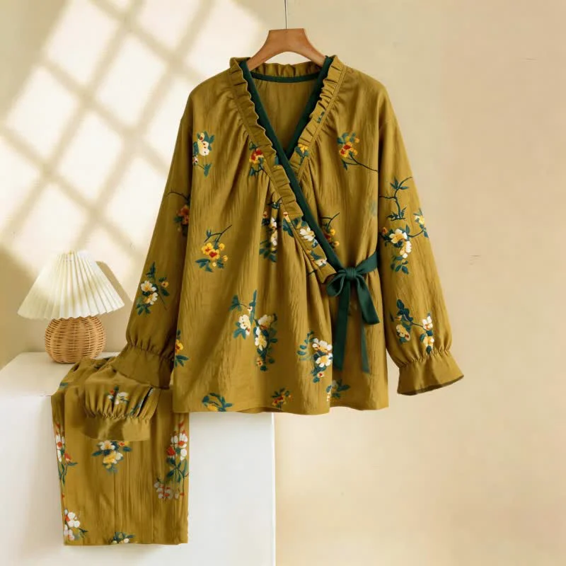 Artisan Ownkoti Ruffled Neck Green Floral Pajama Set Refined