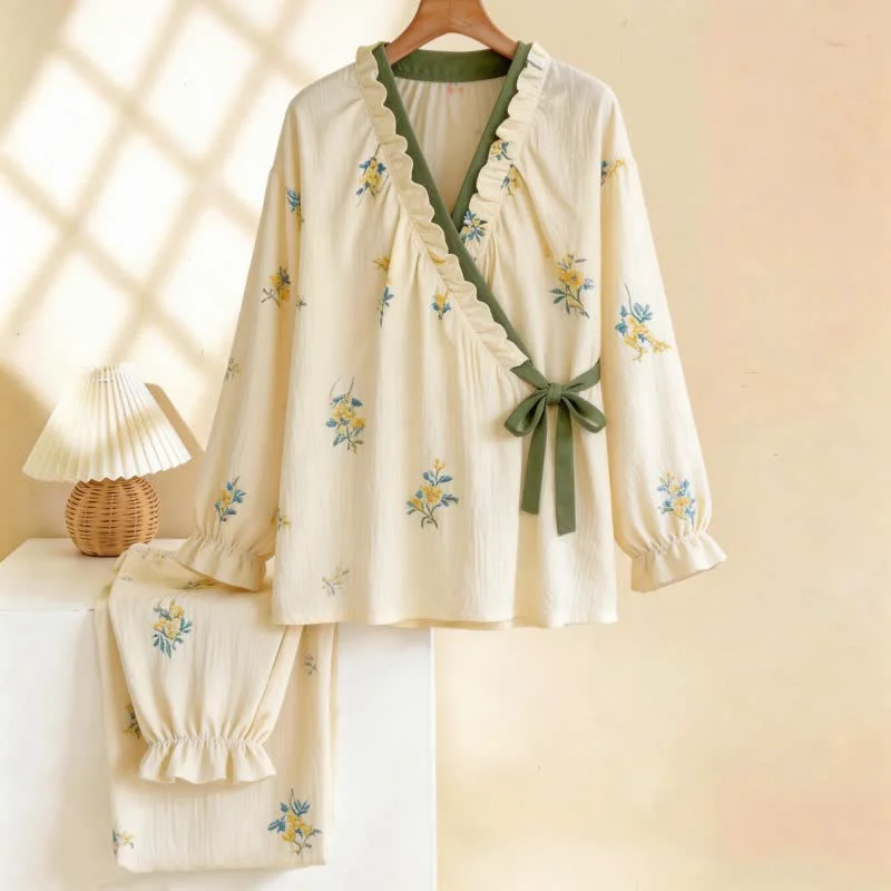 Advanced Ownkoti Ruffled Neck Botanical Floral Pajama Set Next-Generation