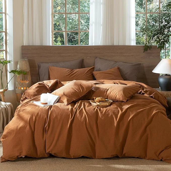 Easy-to-Use MooMee Wavy Striped Duvet Cover Set Washed Cotton Linen Like Textured Breathable Durable Soft Comfy Dark Orange Queen 90 quot x90 quot Top-Quality