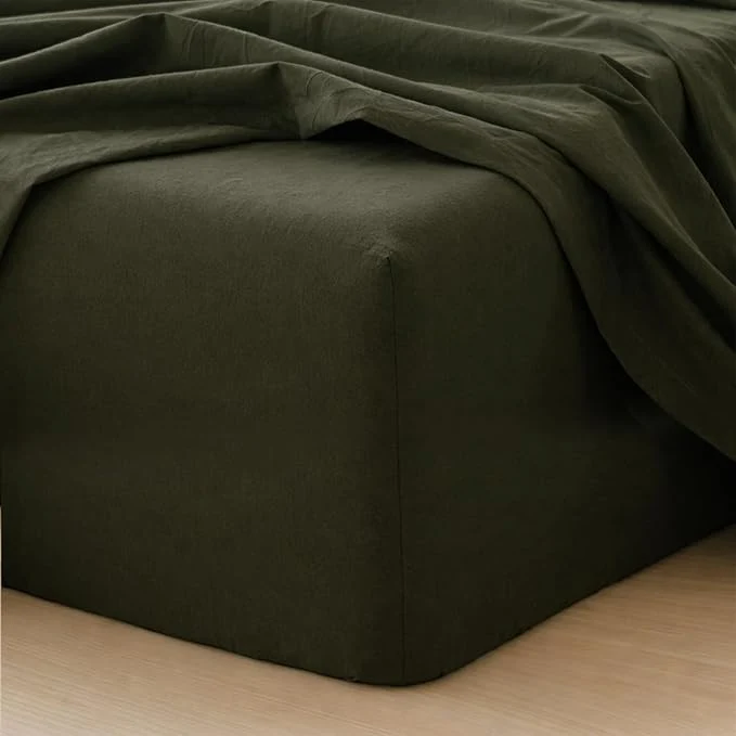 MooMee Fitted Bottom Sheet Only Washed Cotton Linen Like Textured Breathable Durable Soft Comfy Deep Pocket Fits Mattress up to 17 quot Olive Green California King Innovative