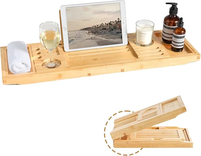 Prestigious Bamboo Bathtub Tray Splash-Proof Adjustable Non-Slip Pads Wine Holder Elite