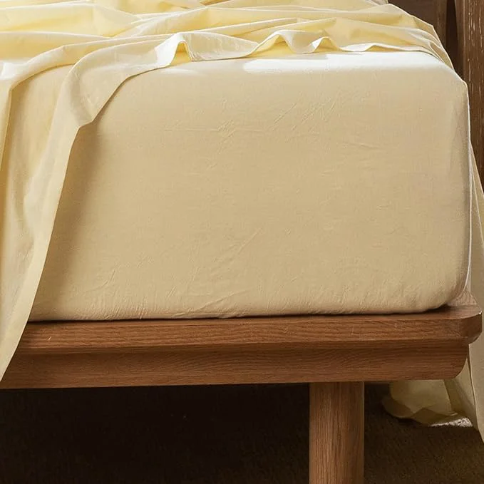 Sustainable MooMee Fitted Bottom Sheet Only Washed Cotton Linen Like Textured Breathable Durable Soft Comfy Deep Pocket Fits Mattress up to 17 quot Heathered Butter Yellow King Fine Crafted