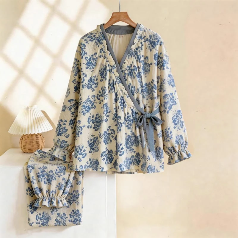 User-Friendly Ownkoti Ruffled Neck Blue Floral Pajama Set Innovative