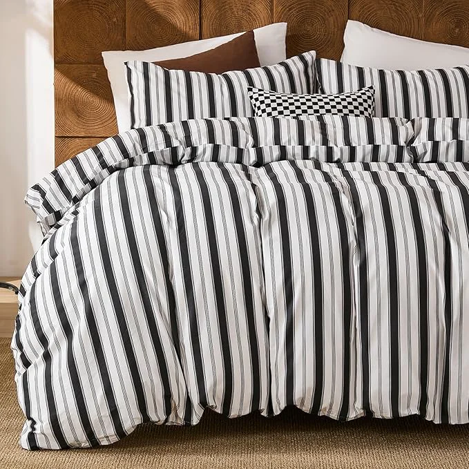 Verified Merryword Cotton Duvet Cover Set Queen Size – Black and White Striped Duvet Cover Set Modern Minimalist Pinstripe Comforter Cover with Pillowcases Soft Breathable Bedding Set for All Seasons Convenient