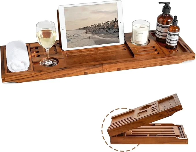 Comfortable Teak Bathtub Tray Adjustable Width Tray Fine
