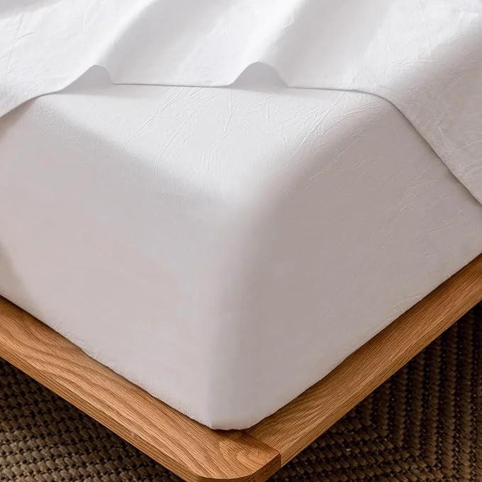Expertly Made MooMee Fitted Bottom Sheet Only Washed Cotton Linen Like Textured Breathable Durable Soft Comfy Deep Pocket Fits Mattress up to 17 quot Bright White Twin High-Grade