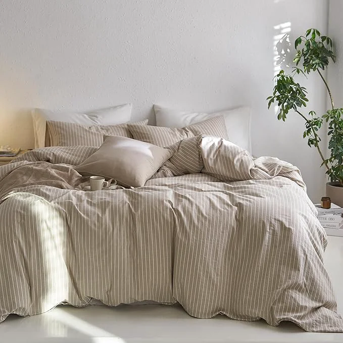 Certified MooMee Striped Duvet Cover Set Washed Cotton Linen Like Textured Breathable Durable Soft Comfy Tannish Linen Grey White Wide Stripes Super King Plus 120 quot x120 quot Modern