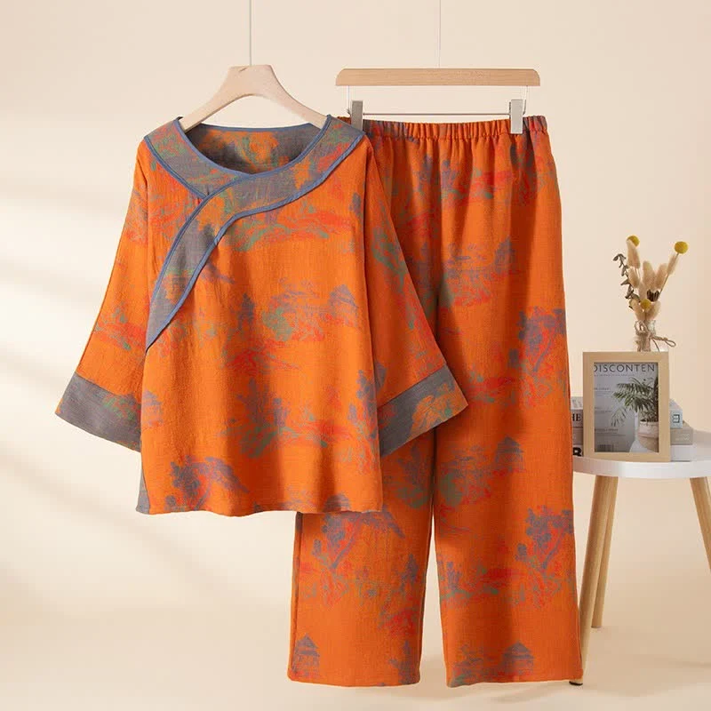 Advanced Ownkoti Vintage Orange Landscape Cotton Pajama Set Versatile