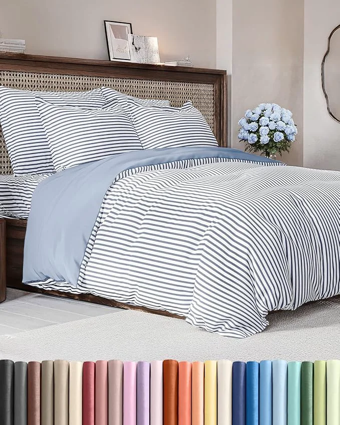 Effective Duvet Cover Queen Size Set – Extra Soft Queen Duvet Cover 90 quot x 90 quot with 2 Pillow Shams – Hotel Luxury Easy Care amp Fade with Zipper Closures amp Ties – Comfy Cozy and Breathable Blue Stripes Exceptional