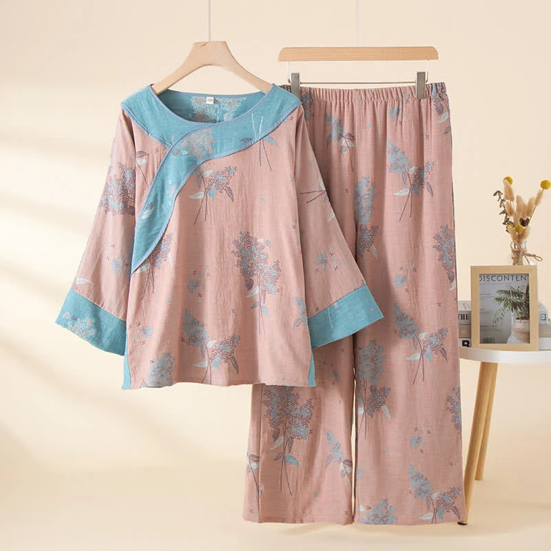 Comfortable Ownkoti Pink Botanical Pure Cotton Pajama Set Casual