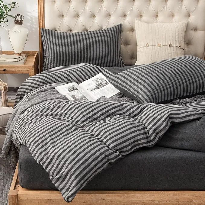 Clean PURE ERA Jersey Knit Duvet Cover Set T-Shirt Heather Cotton Super Soft Comfy Classic Striped Design with Zipper Closure Charcoal Dark Grey Stripe Twin Detailed