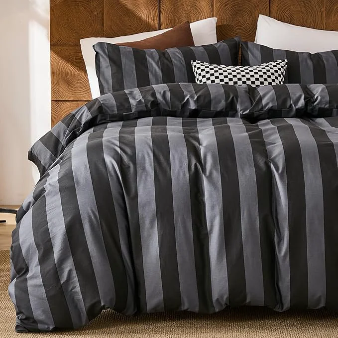 Detailed Merryword Black and Gray Striped Duvet Cover Set King Size – Cotton Bedding Set with Zipper amp Corner Ties 3-Piece Luxury Linen Like Bedding Set for All Seasons Exceptional