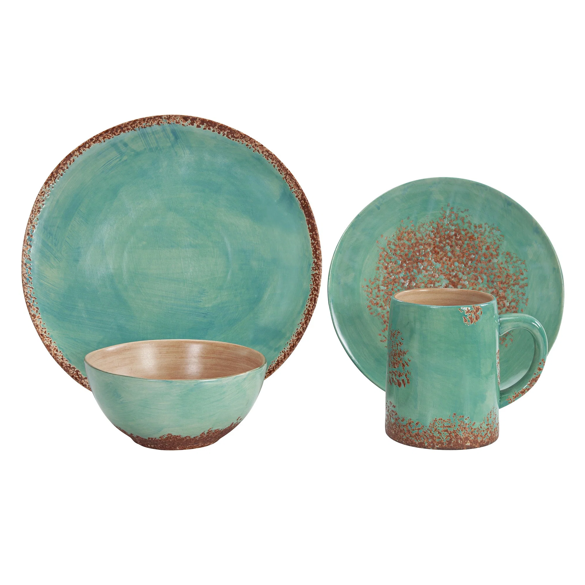 Long-Lasting Patina Turquoise Ceramic Dish Set 16 Pc Flexible