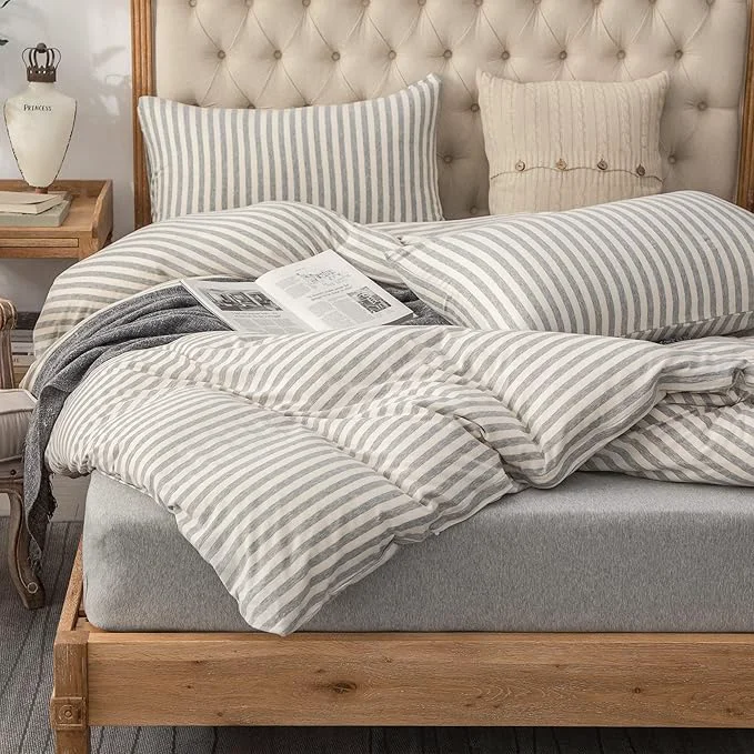 Carefully Designed PURE ERA Jersey Knit Duvet Cover Set T-Shirt Heather Cotton Super Soft Comfy Classic Striped Design with Zipper Closure Grey amp White Stripe King Expertly Made