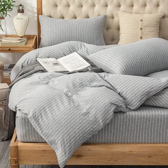 Unique PURE ERA Jersey Knit Duvet Cover Set T-Shirt Heather Cotton Super Soft Comfy Classic Striped Design with Zipper Closure Grey amp White Pintripe King Comfortable