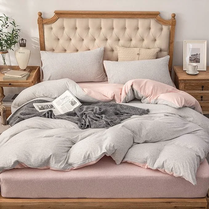Comfortable PURE ERA Jersey Knit Duvet Cover Set T-Shirt Heather Cotton Super Soft Comfy Classic Striped Design with Zipper Closure Grey Light Pink Pinstripe King Verified