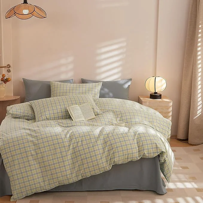 Healthy EAVD Modern Gingham Duvet Cover King Soft Washed Cotton Yellow Blue Grid Plaid Bedding Set with 2 Pillowcases Farmhouse Reversible Plaid Checkered Duvet Cover with Zipper Closure Trendy