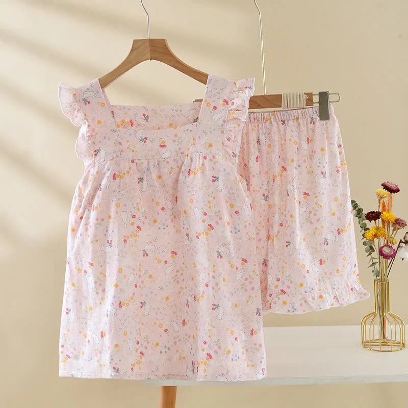 Dependable Ownkoti Floral amp Bunny Cotton Gauze Sleeveless Pajamas Original Design