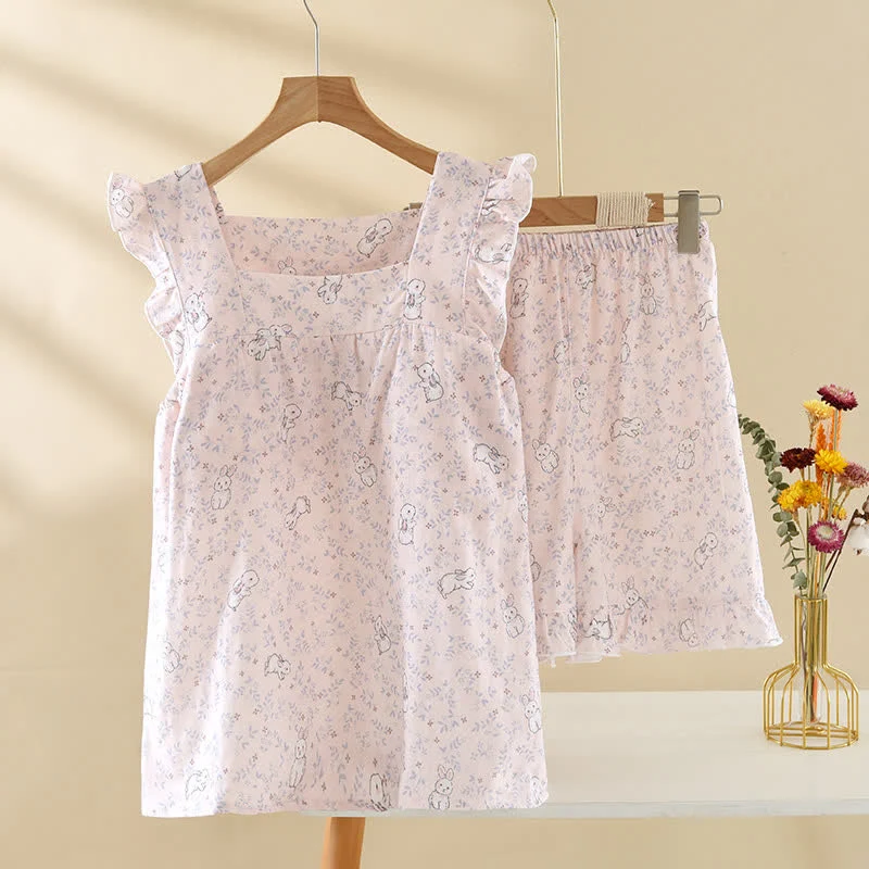 Selected Ownkoti Pastel Bunny Cotton Gauze Sleeveless Pajamas Modern