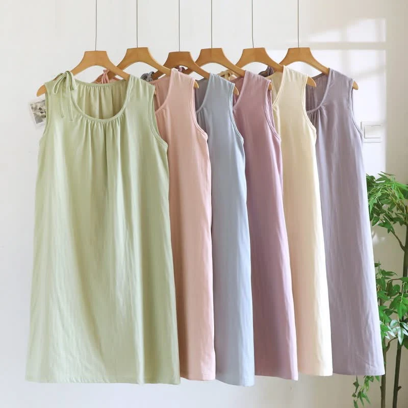 Elite Ownkoti Minimalist Solid Color Cotton Sleeveless Nightgown Healthy