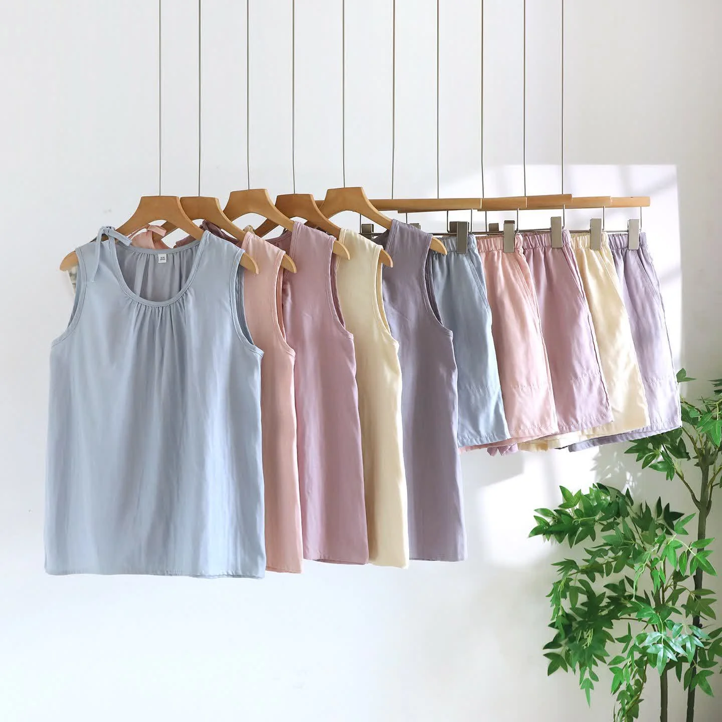 Fine Ownkoti Solild Cotton Double Gauze Sleeveless Pajamas Elegant
