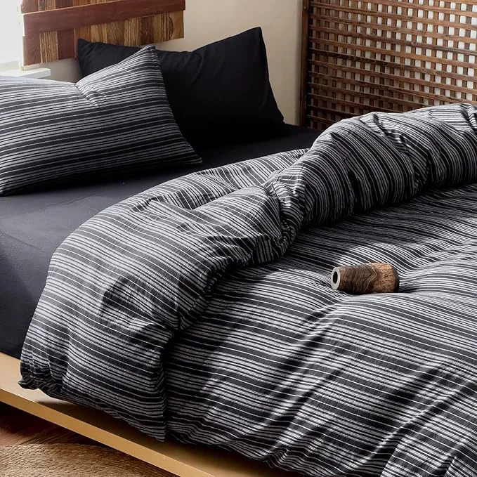 Functional EAVD Retro Black Striped Duvet Cover Queen Soft Washed Cotton Reversible Striped Pattern Bedding Set with 2 Pillowcases Farmhouse Geometric Duvet Cover with Zipper Closure Modern