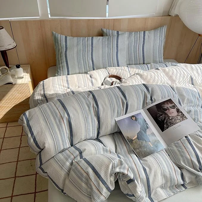 Healthy EAVD Modern Style Striped Duvet Cover King Washed Cotton Colorful Wide and Pinstriped Bedding Duvet Cover Set with 2 Pillowcases Farmhouse Geometric Bedding Set with Zipper for All-Season High-Quality