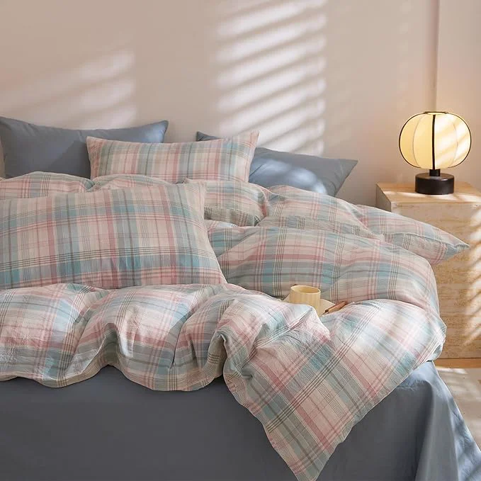 Convenient EAVD Cotton Grid Plaid Duvet Cover Full Size Colorful Gingham Duvet Cover Set 3 Pieces Modern Grid Checkered Bedding Set with 2 Pillowcases Reversible Gingham Bedding Set for Girls Boys Women Men Traditional