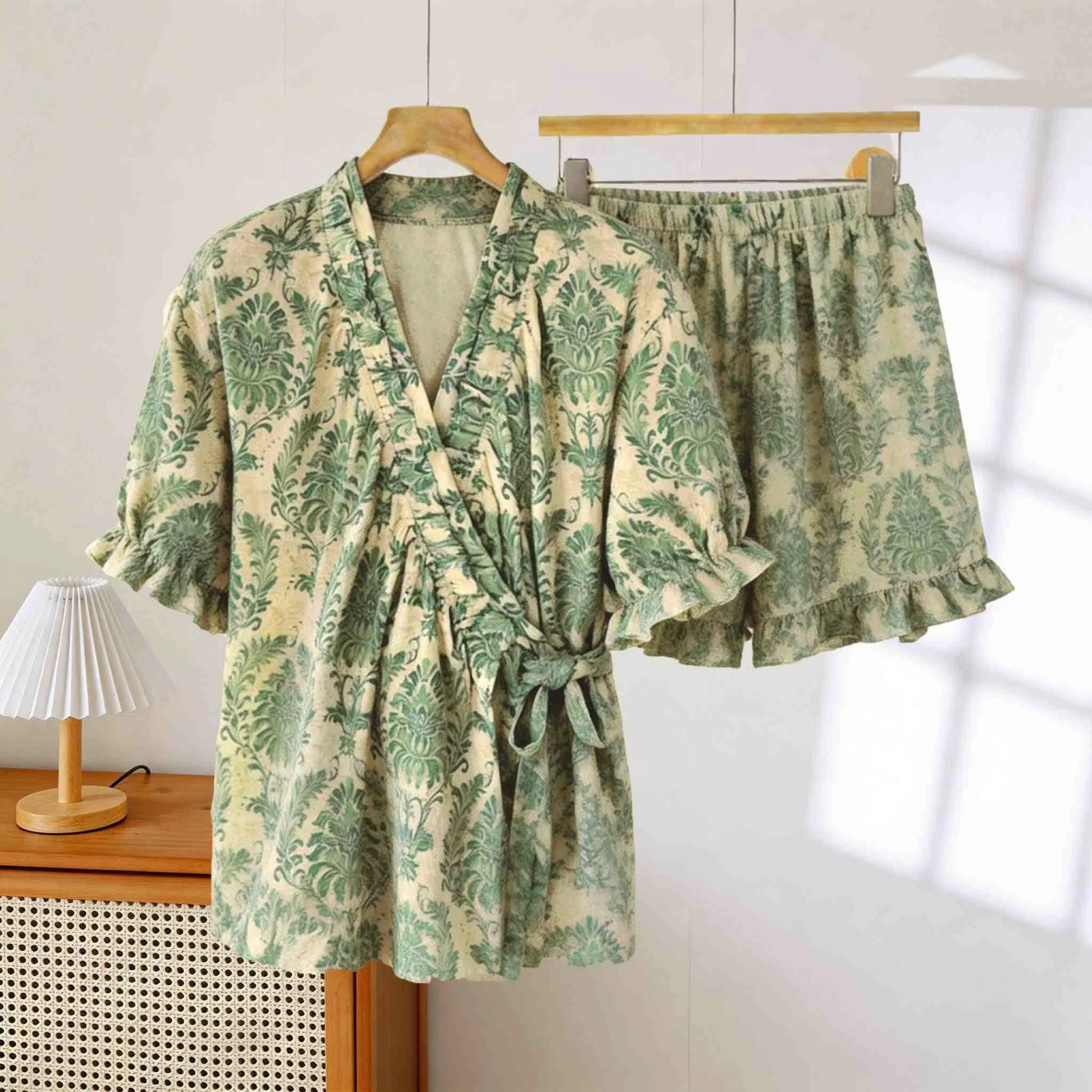 Efficient Ownkoti Refresh Green Floral Ruffle Sleeve Pajamas Solid