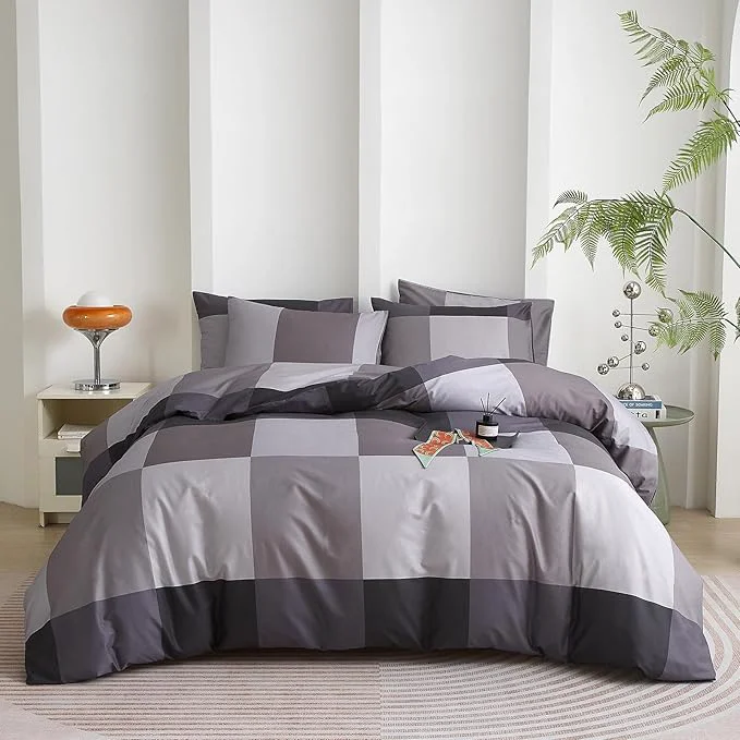 User-Friendly mixinni Full Size Comforter Sets Men Boys Geometric Checkered Plaid Printed Bedding Comforter for All Season Soft Lightweight Bedding Set- Full Size Grey Black Breathable