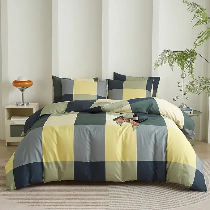 Sustainable mixinni Queen Comforter Set Men Boys Geometric Checkered Plaid Pattern Bedding Comforter for All Season Soft Lightweight Bedding Set- Queen Size Green Yellow Khaki