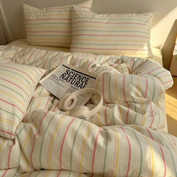 Superior EAVD Colorful Striped Duvet Cover Queen Soft Cotton Vintage Pink Green Yellow Stripes Printed Bedding Set with 2 Pillowcases Retro Reversible Geometric Comforter Cover with Zipper Corner Ties Consistent