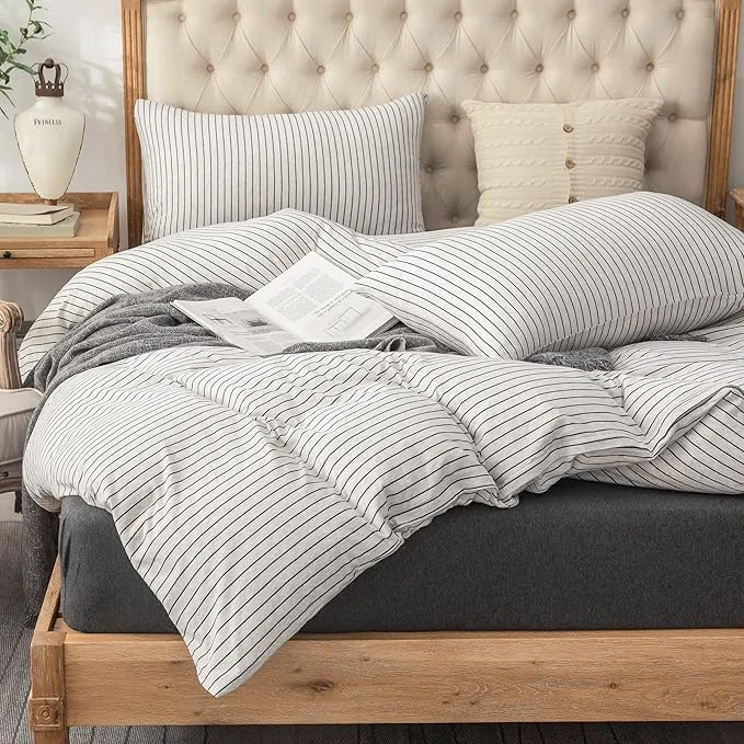 Trusted PURE ERA Jersey Knit Duvet Cover Set T-Shirt Heather Cotton Super Soft Comfy Classic Striped Design with Zipper Closure Heather White amp Black Pinstripe King Consistent
