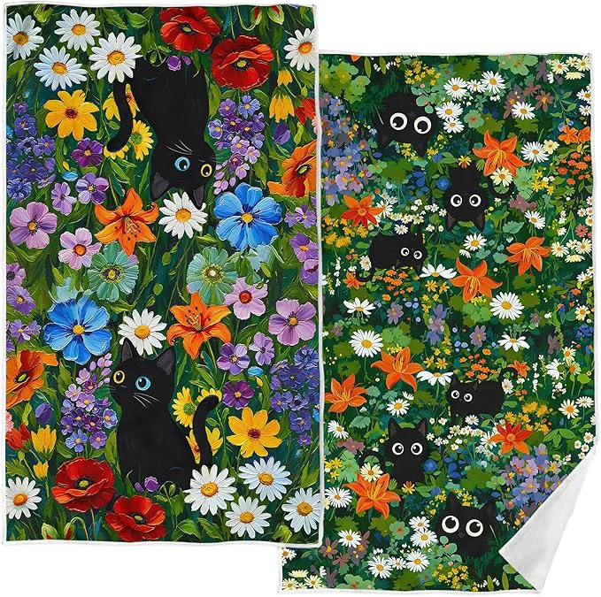 Original Accnicc 2 Pack Black Cat Bathroom Hand Towels Decorative Green Plant Daisy Exclusive