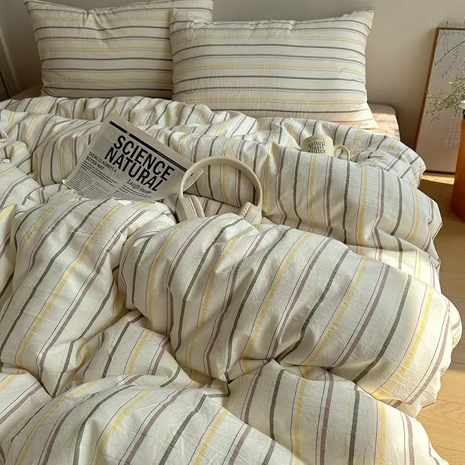 Elegant EAVD Retro Striped Duvet Cover Set Queen Size Cotton Chic Stripes Printed Bedding Set with 2 Pillowcases Vintage Geometric Pattern Duvet Cover with Zipper Closure Yellow amp Green amp Brown Queen Convenient