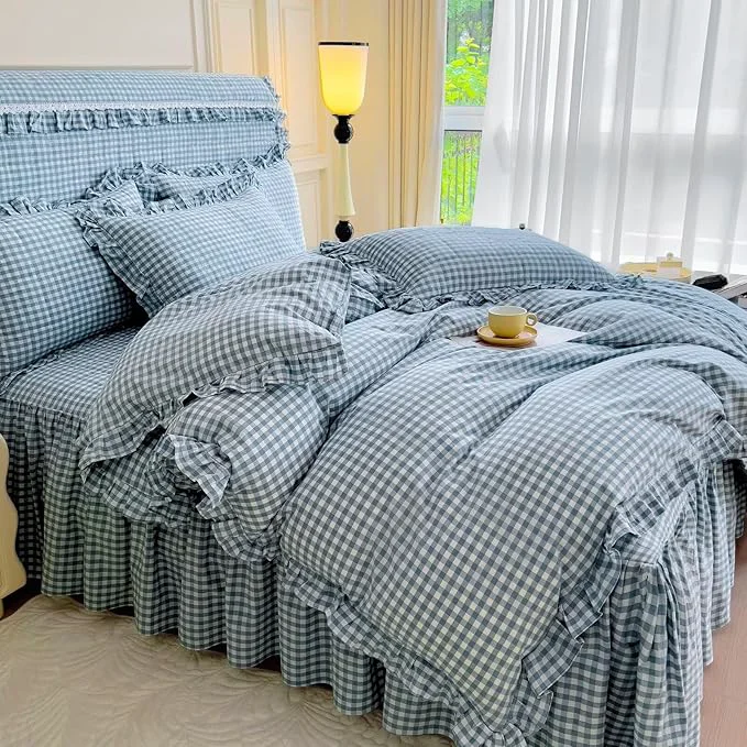Next-Generation mixinni Vintage Blue Gingham Ruffle Comforter Set 3-Piece Washed Cotton Twin XL Size Grid Bedding Set with Geometric Checkered Pattern Farmhouse Chic Soft Fluffy Comforter for All-Season High-Quality