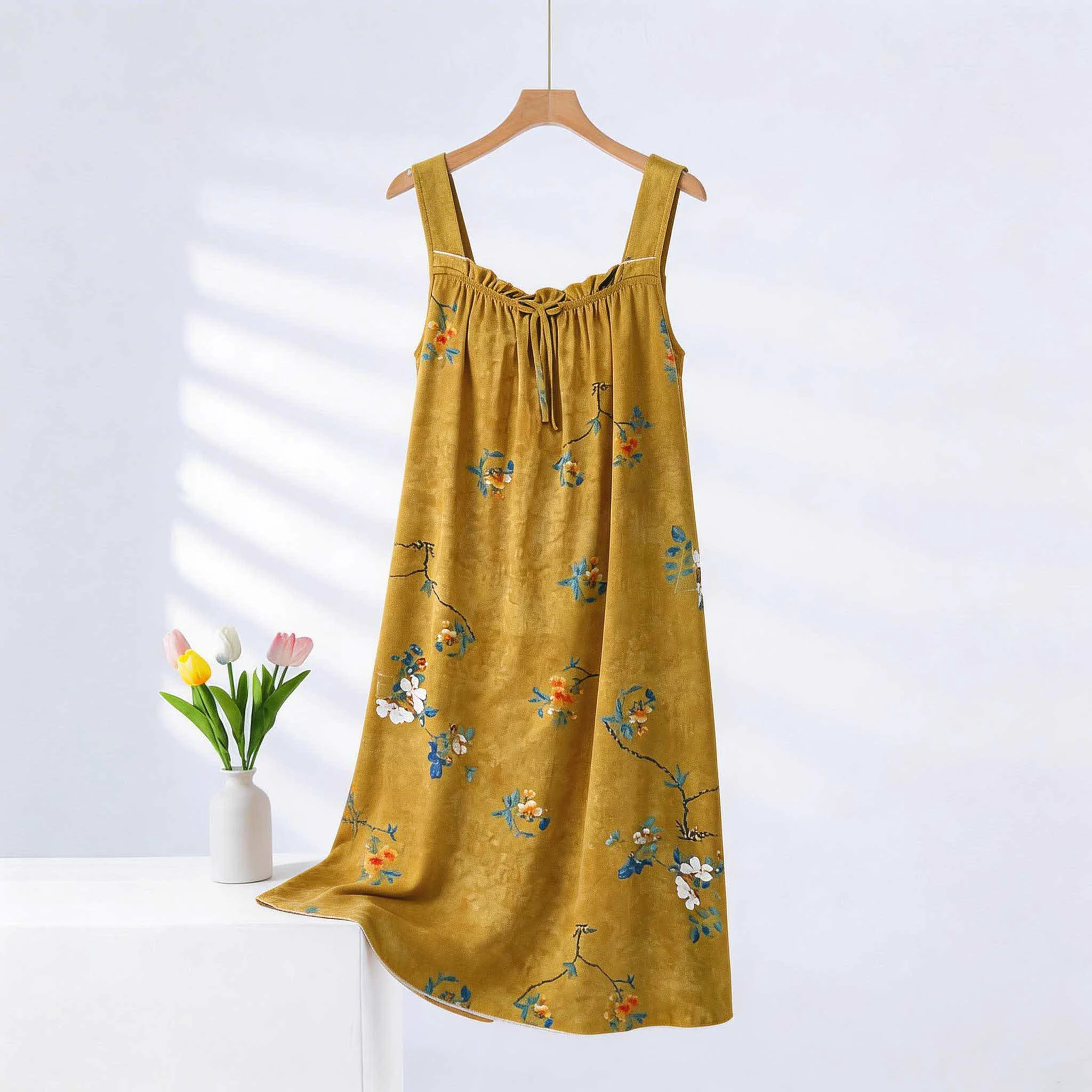 Next-Generation Ownkoti Vintage Floral Ruffle Neck Sleeveless Nightgown Efficient